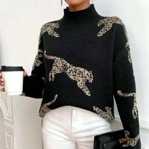 Black Casual Women's Leopard Pattern High Neck Drop Shoulder Sweater - Picture 6 of 6